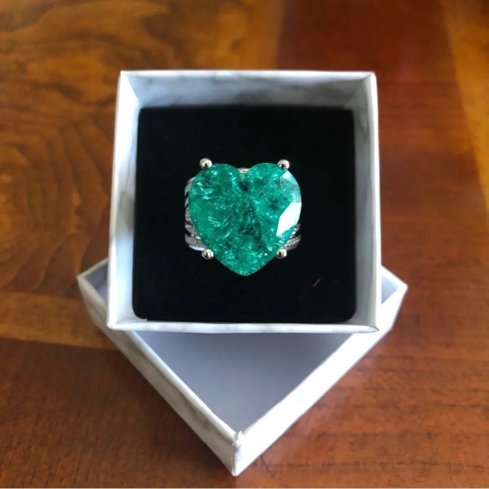 Ladies elegant large paraiba tourmaline emerald heart stone 925 ring 9 NIB